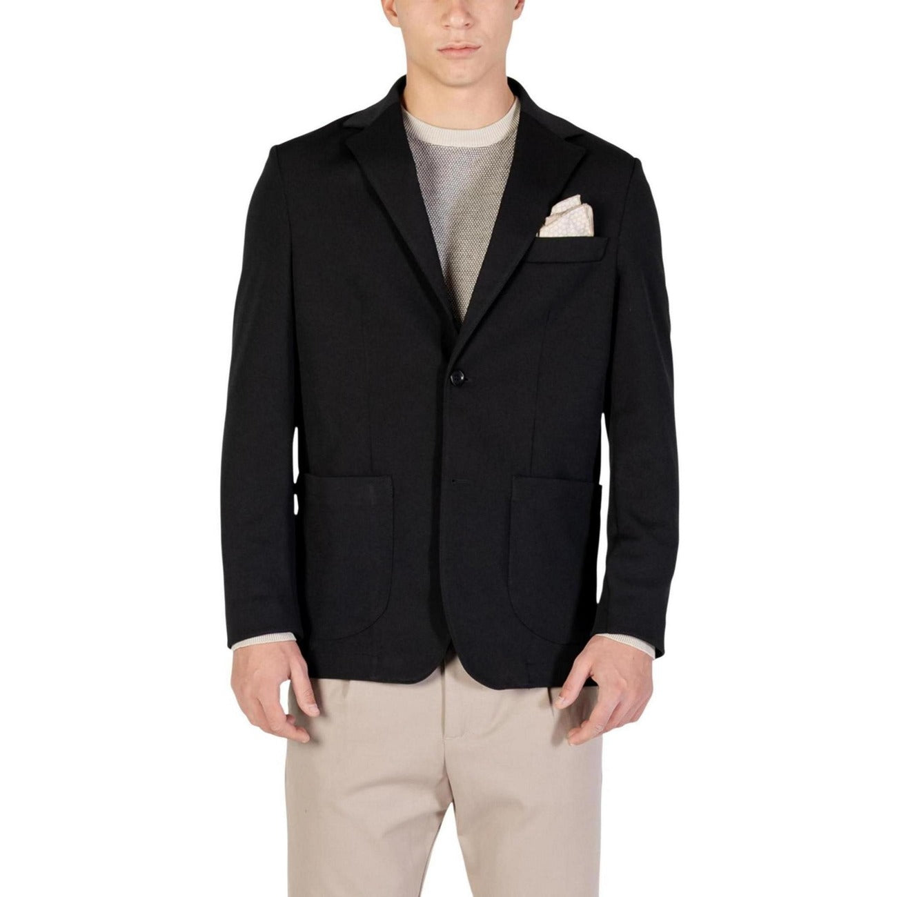 Front view of a black blazer showcasing a notched lapel and pocket square on a white background.