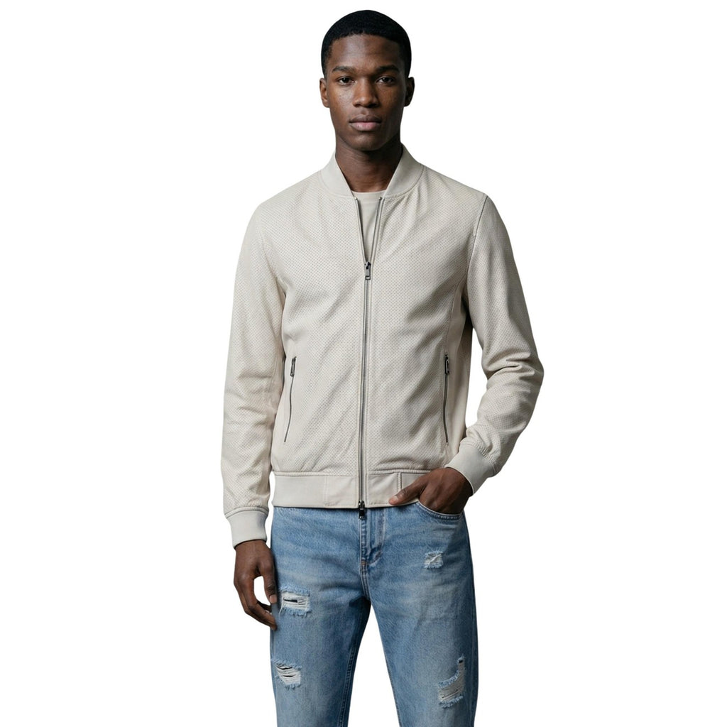 Front view of the grey jacket featuring a zipper closure on a white background