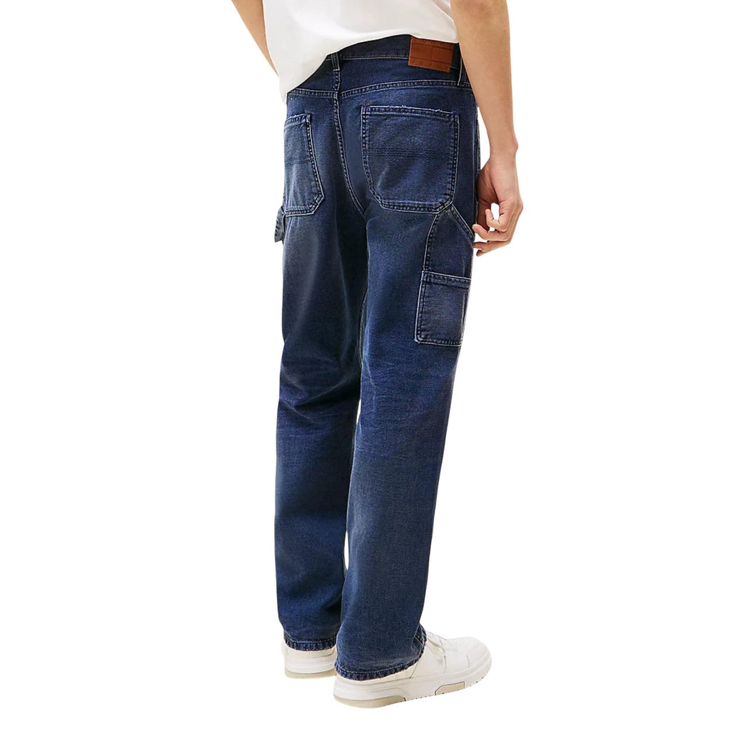 Back view of blue jeans showcasing a straight fit and back pockets on a white background.