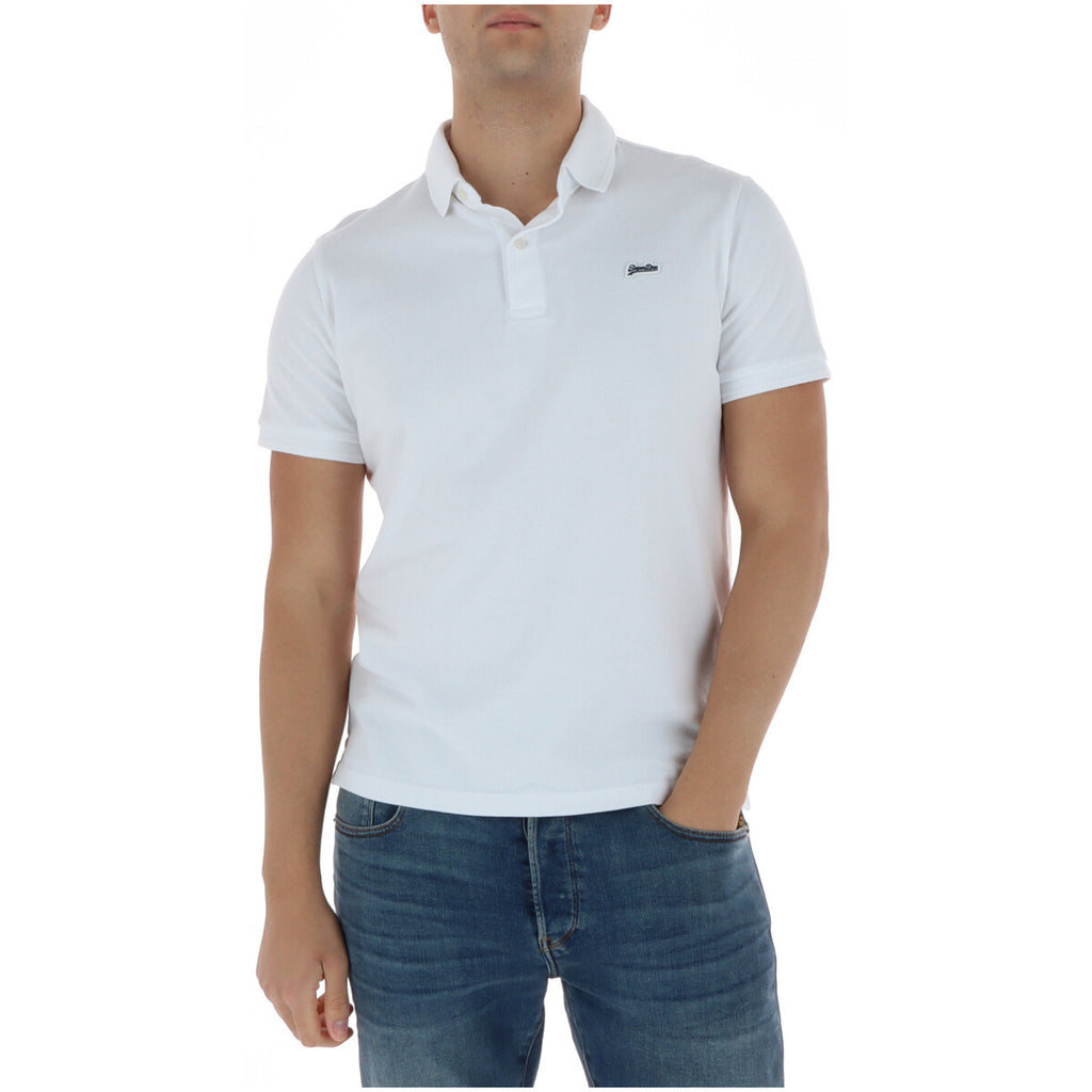 Front view of the white collared polo shirt with short sleeves.