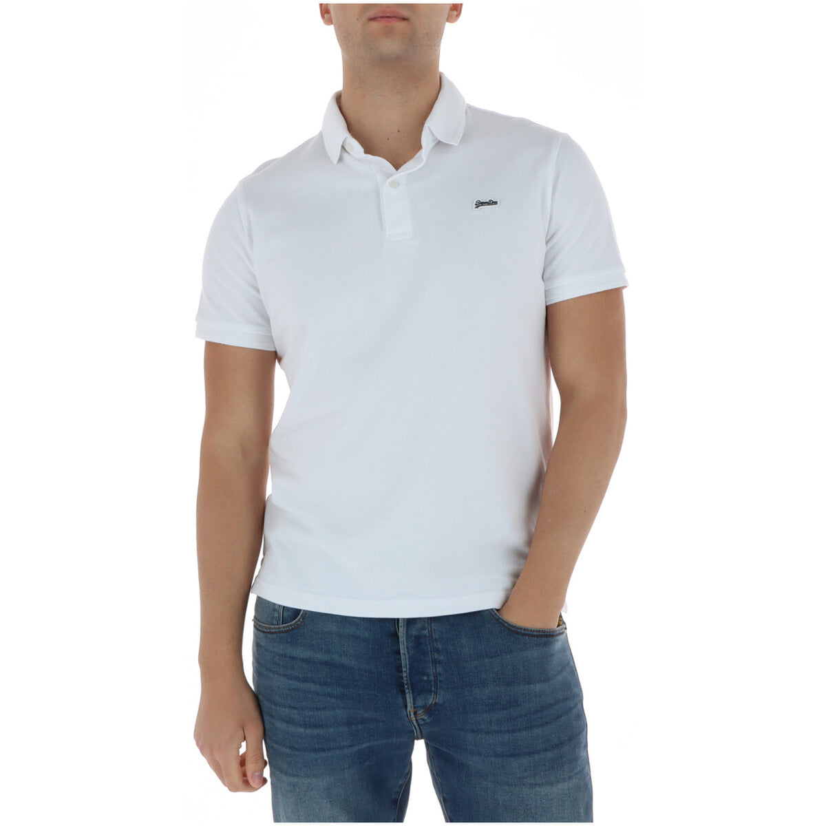 Front view of the white collared polo shirt with short sleeves.