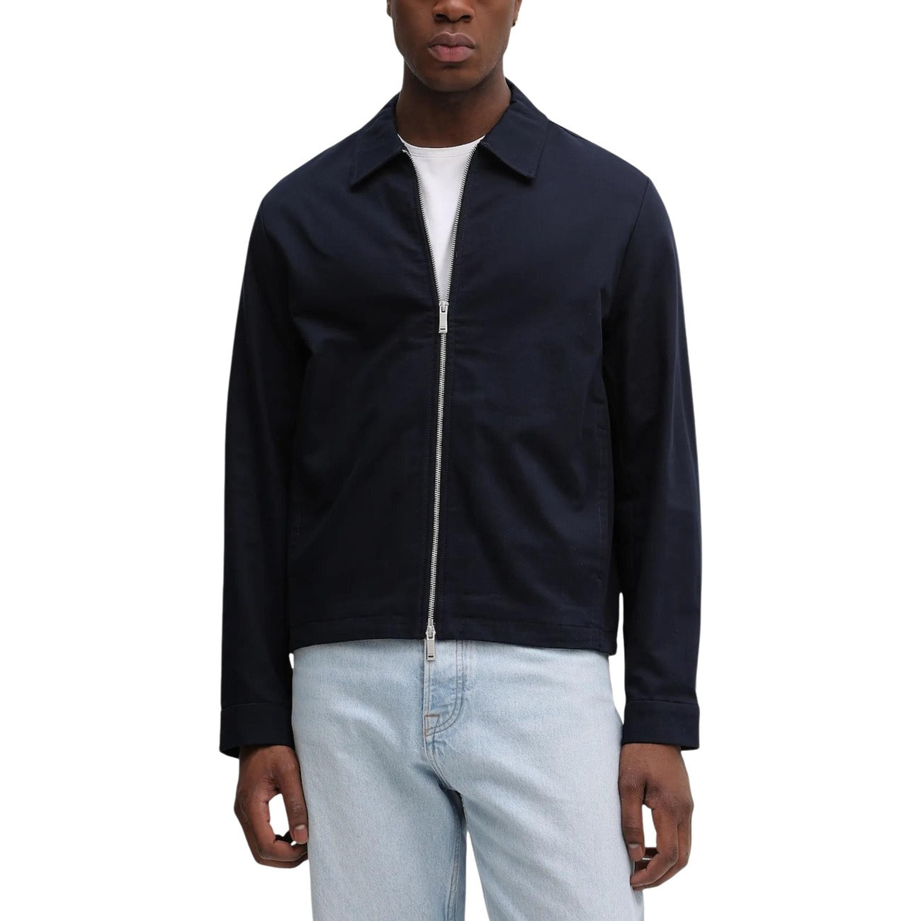 Front view of the navy blazer featuring a zipper closure and pocket detail against a white background.