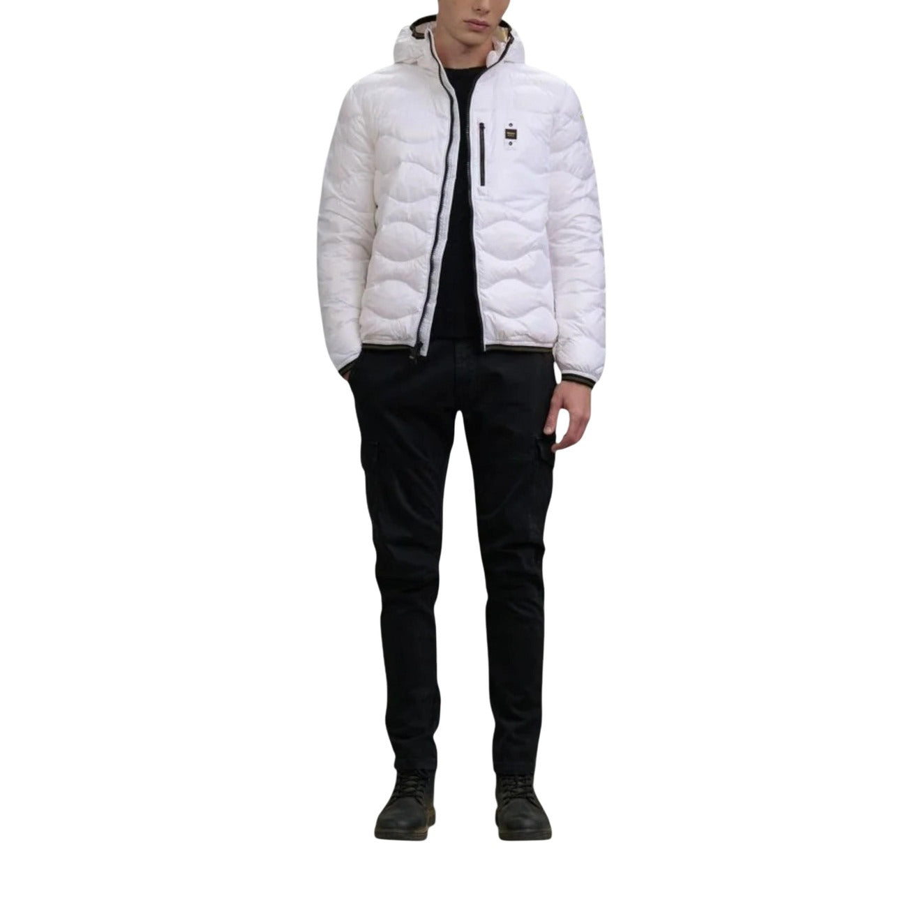 Front view of the white puffer jacket showcasing the zipper closure and interior lining.