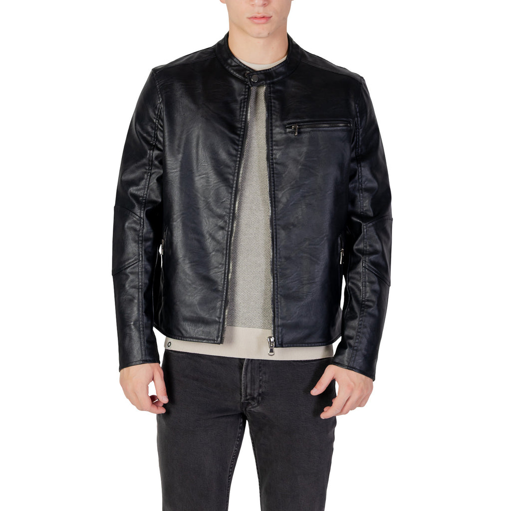 Side view of the black blazer highlighting the zipper closure and long sleeves on a white background.