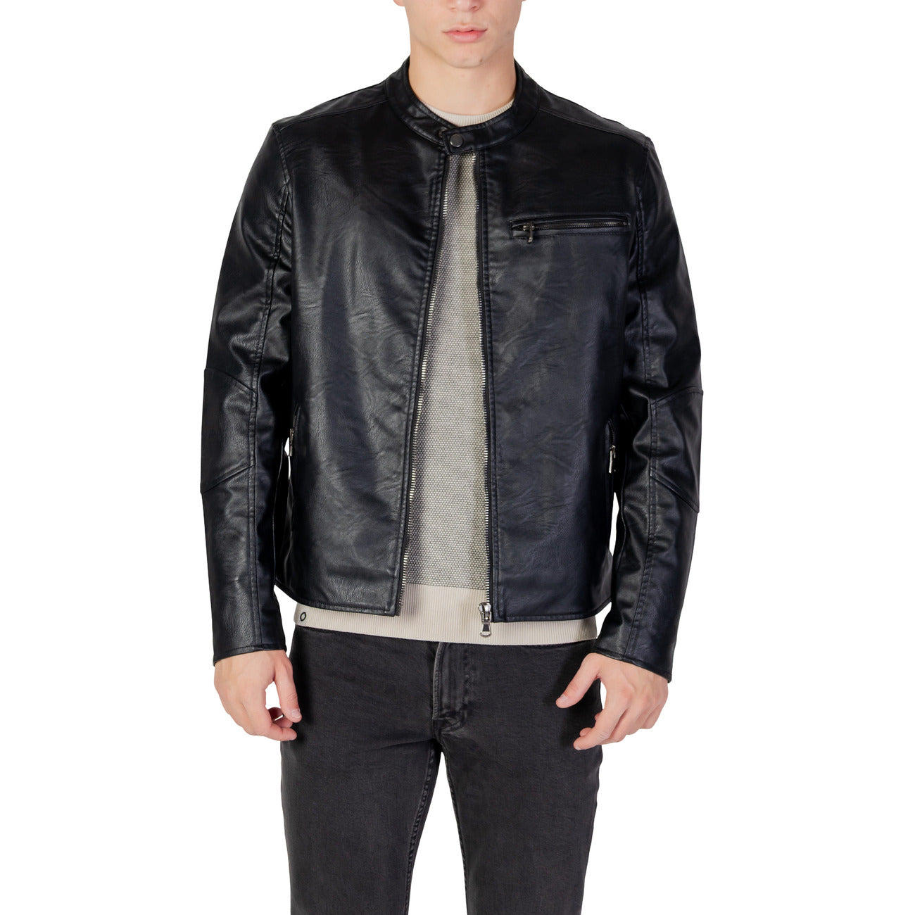 Side view of the black blazer highlighting the zipper closure and long sleeves on a white background.