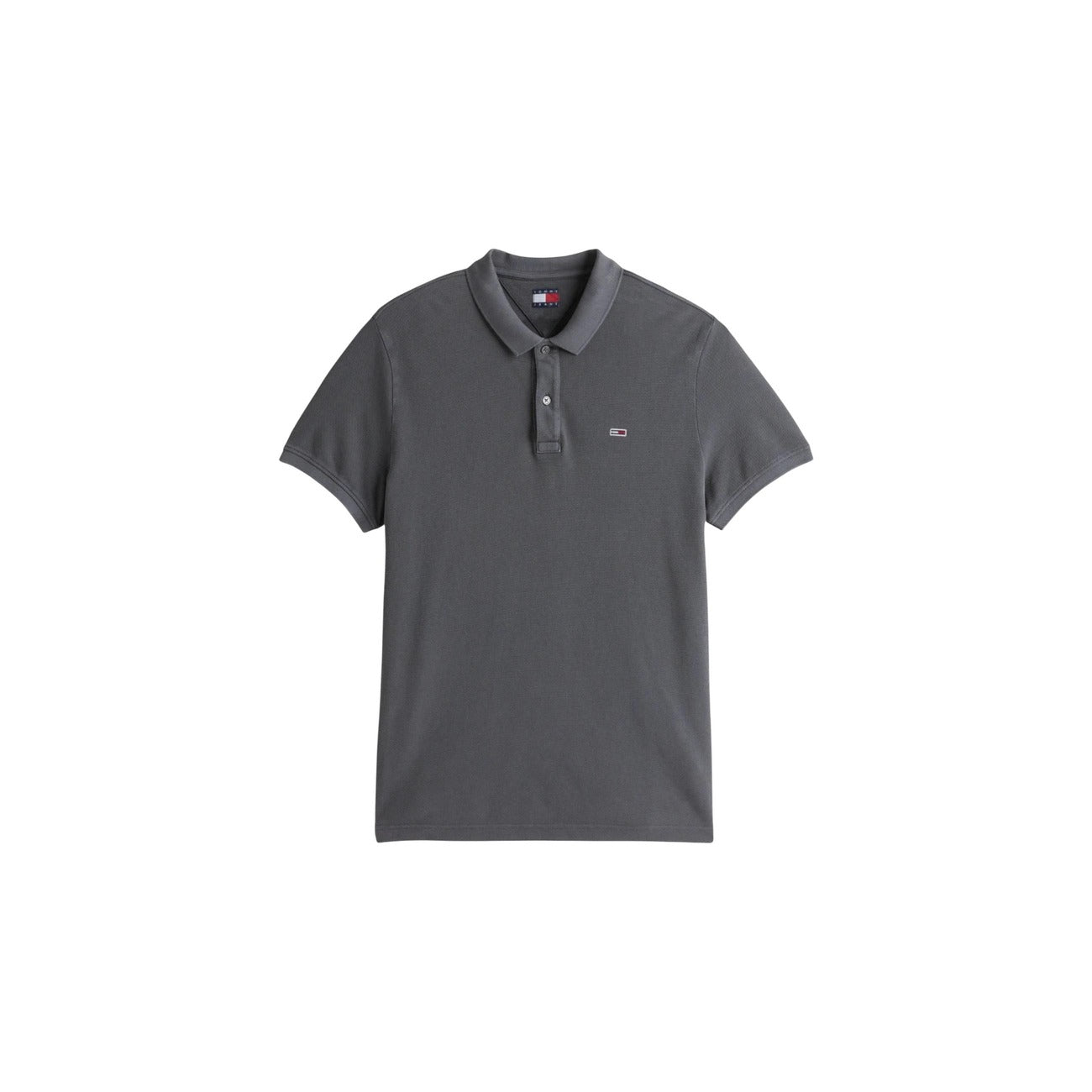 Front view of the gray polo shirt with a classic collar and short sleeves on a white background.