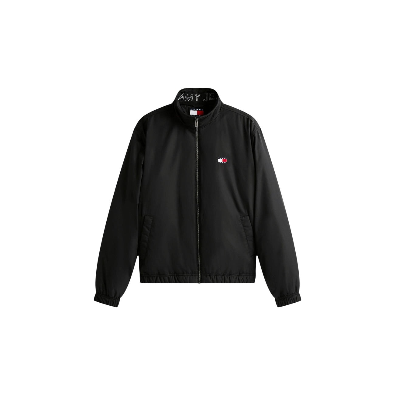 Front view of the black Tommy Hilfiger Jeans blazer featuring a zipper closure on a white background