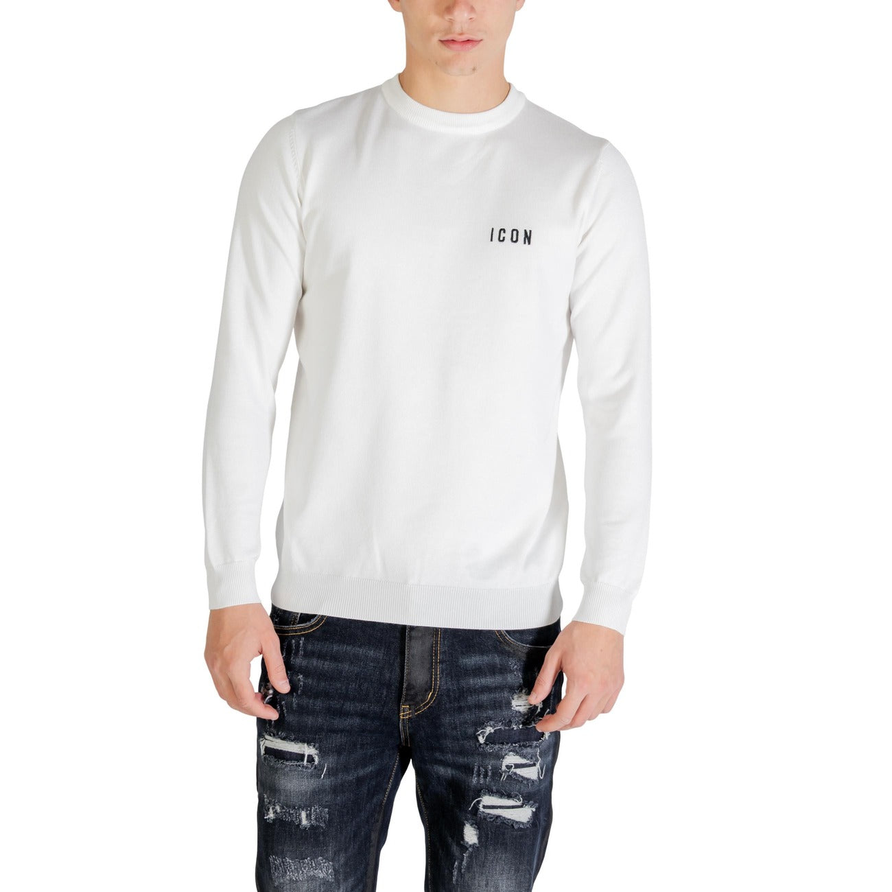 Icon Men Knitwear Viscose White – front view, round neck, long sleeves