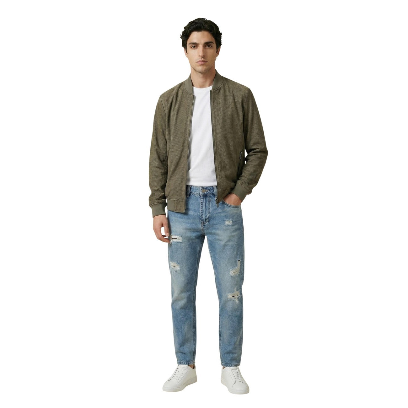 Lifestyle shot of a man in a green Yos jacket with zipper closure, featuring casual style against a white background.