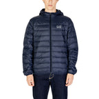 Front view of the navy puffer jacket featuring a hood and zipper closure against a white background.