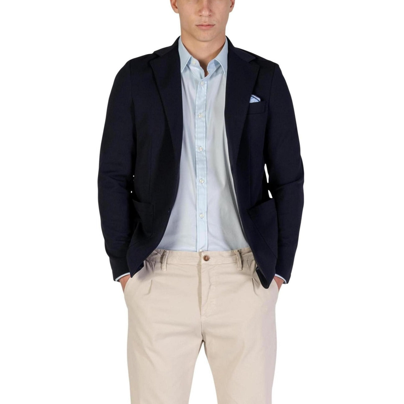 Front view of the navy blazer featuring a notched lapel and chest pocket.