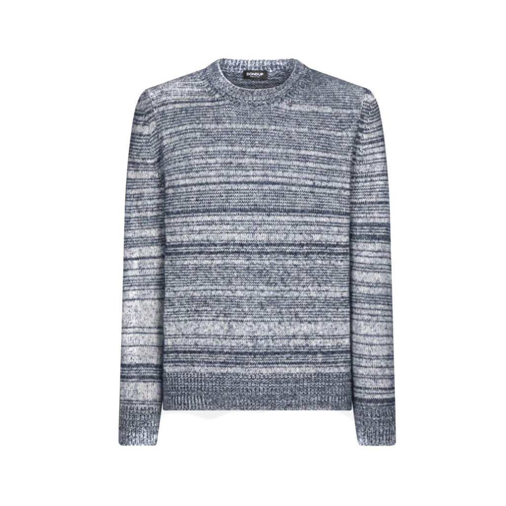 Front view of the blue striped sweater featuring long sleeves and a crew neck on a white background.