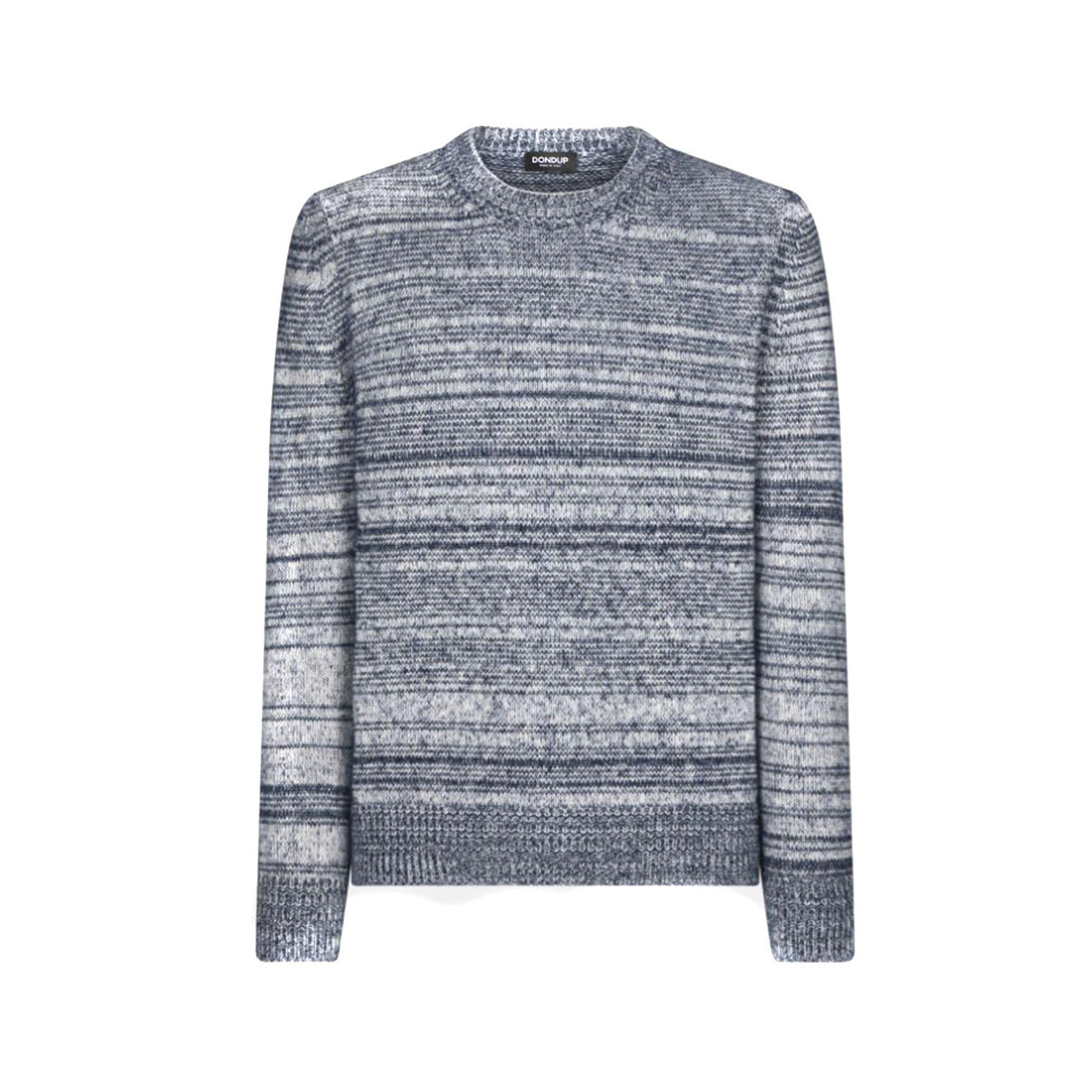 Front view of the blue striped sweater featuring long sleeves and a crew neck on a white background.