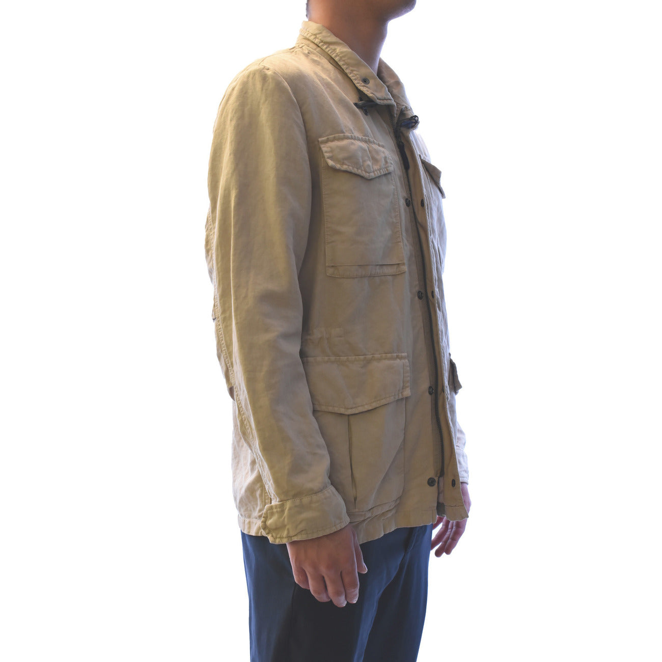 Side view of the beige Fay men's blazer showcasing its button closure and multiple pockets.