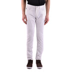 Front view of the white slim fit pants with belt loops on a white background