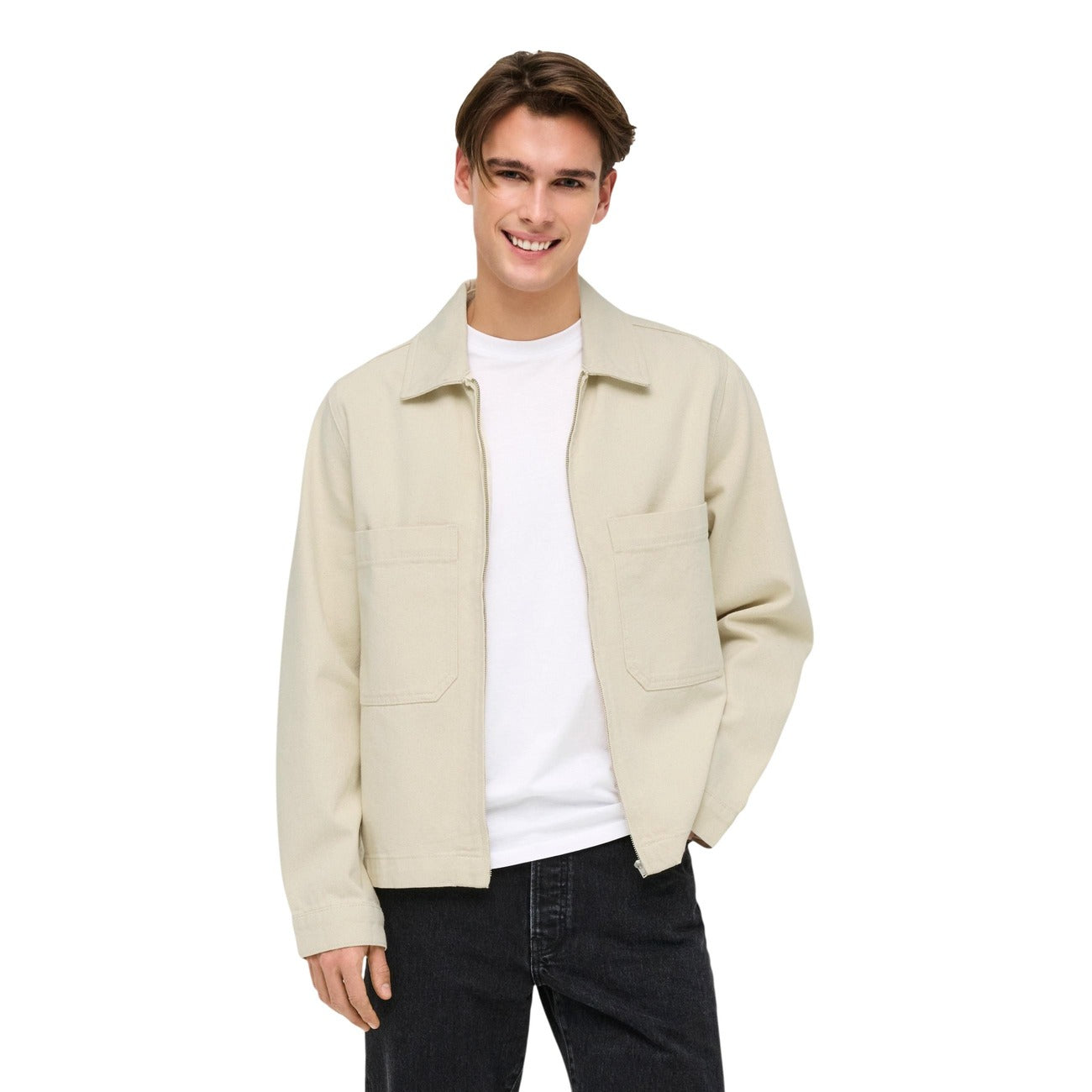 Lifestyle shot of a beige jacket featuring zipper closure and front pockets against a white background.