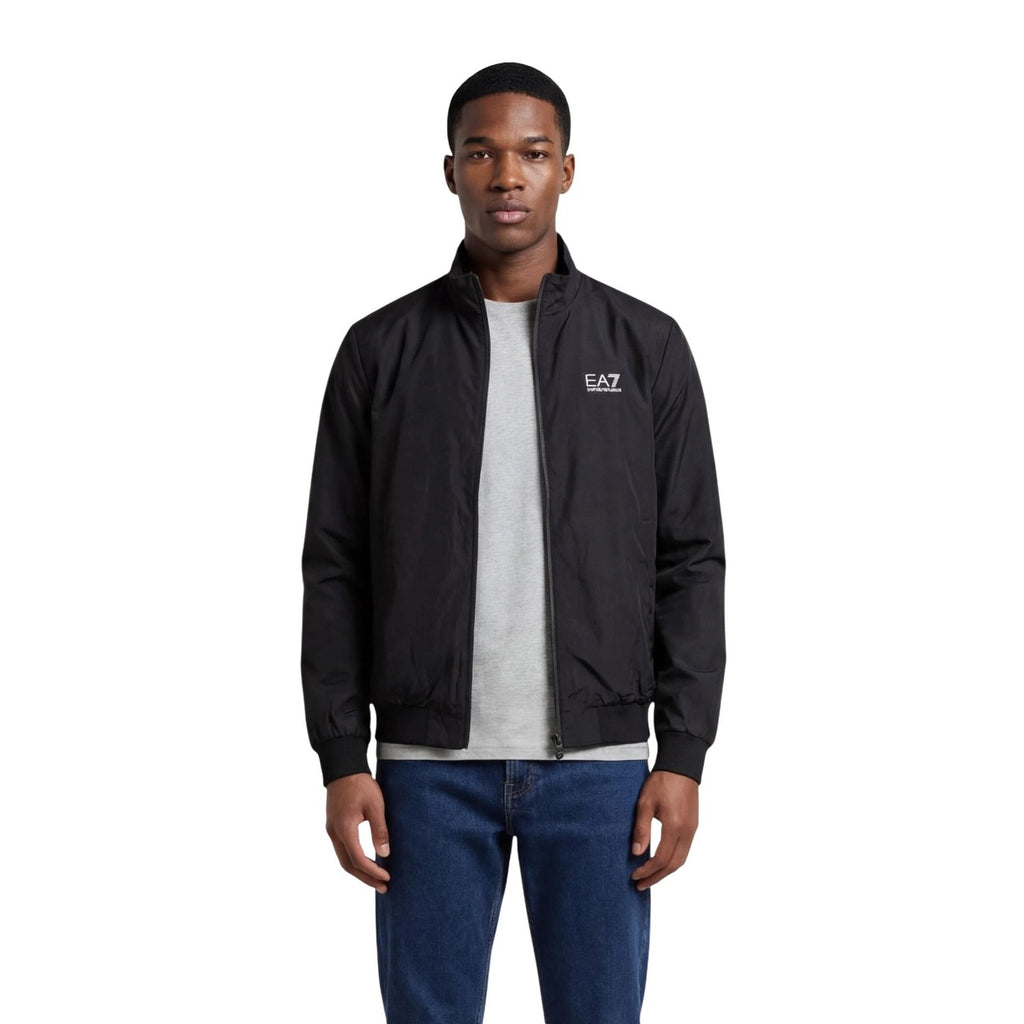 Front view of the black Ea7 blazer featuring a zipper closure and logo on the chest.