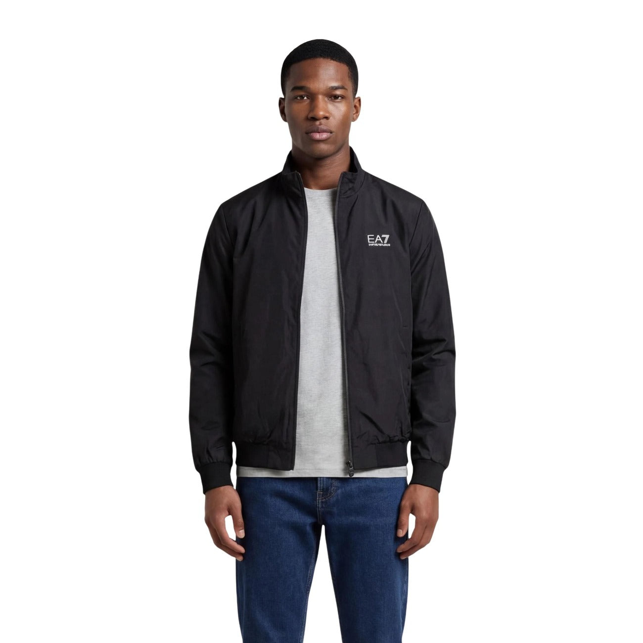 Front view of the black Ea7 blazer featuring a zipper closure and logo on the chest.