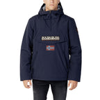 Front view of the navy Napapijri jacket featuring a hood and front pocket against a white background.