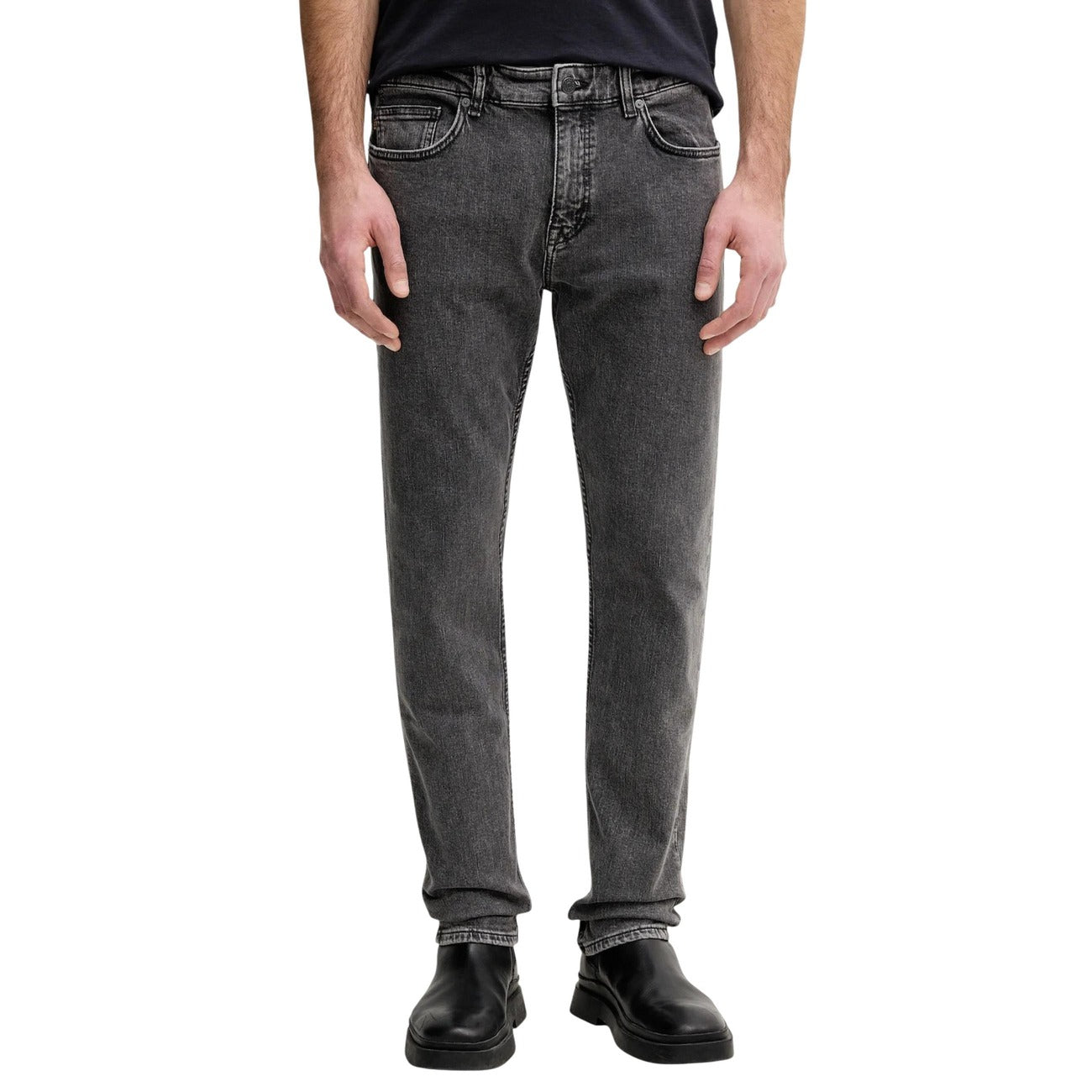 Front view of gray jeans featuring a slim fit and five pockets on a white background