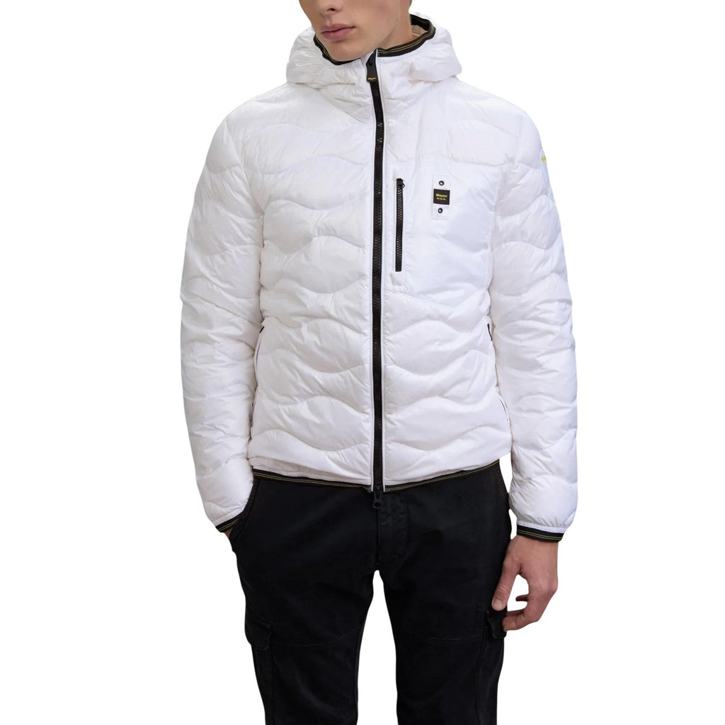 Front view of the white puffer jacket featuring a zipper closure and hood.
