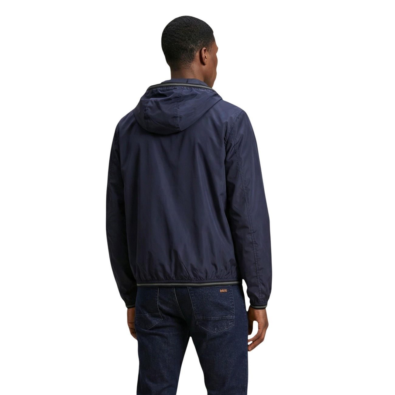 Back view of the blue blazer showcasing the hood and simple design on a white background.