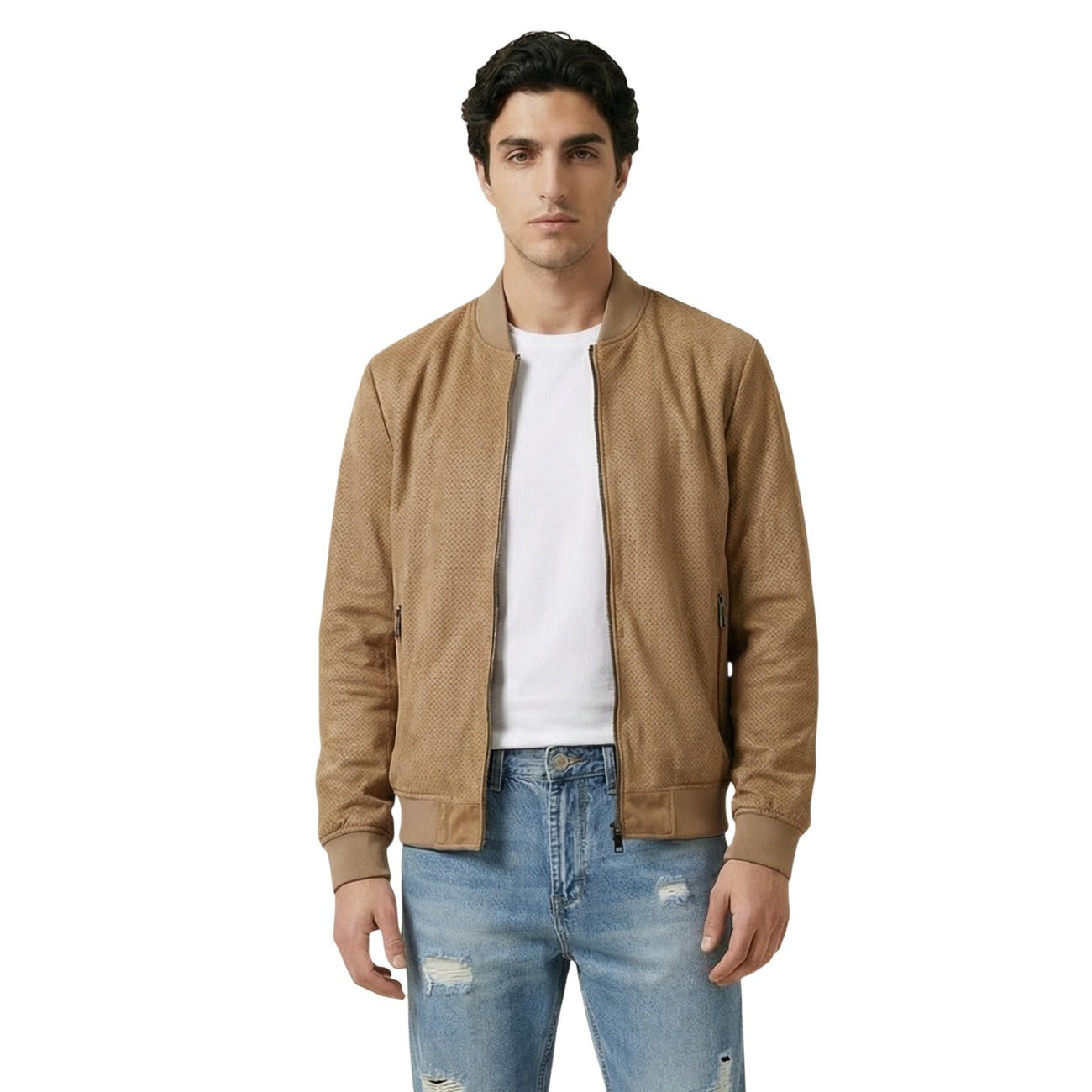 Front view of the tan bomber jacket featuring a zipper closure and ribbed cuffs against a white background.