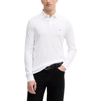 Front view of the white long-sleeve polo shirt featuring a classic collar.