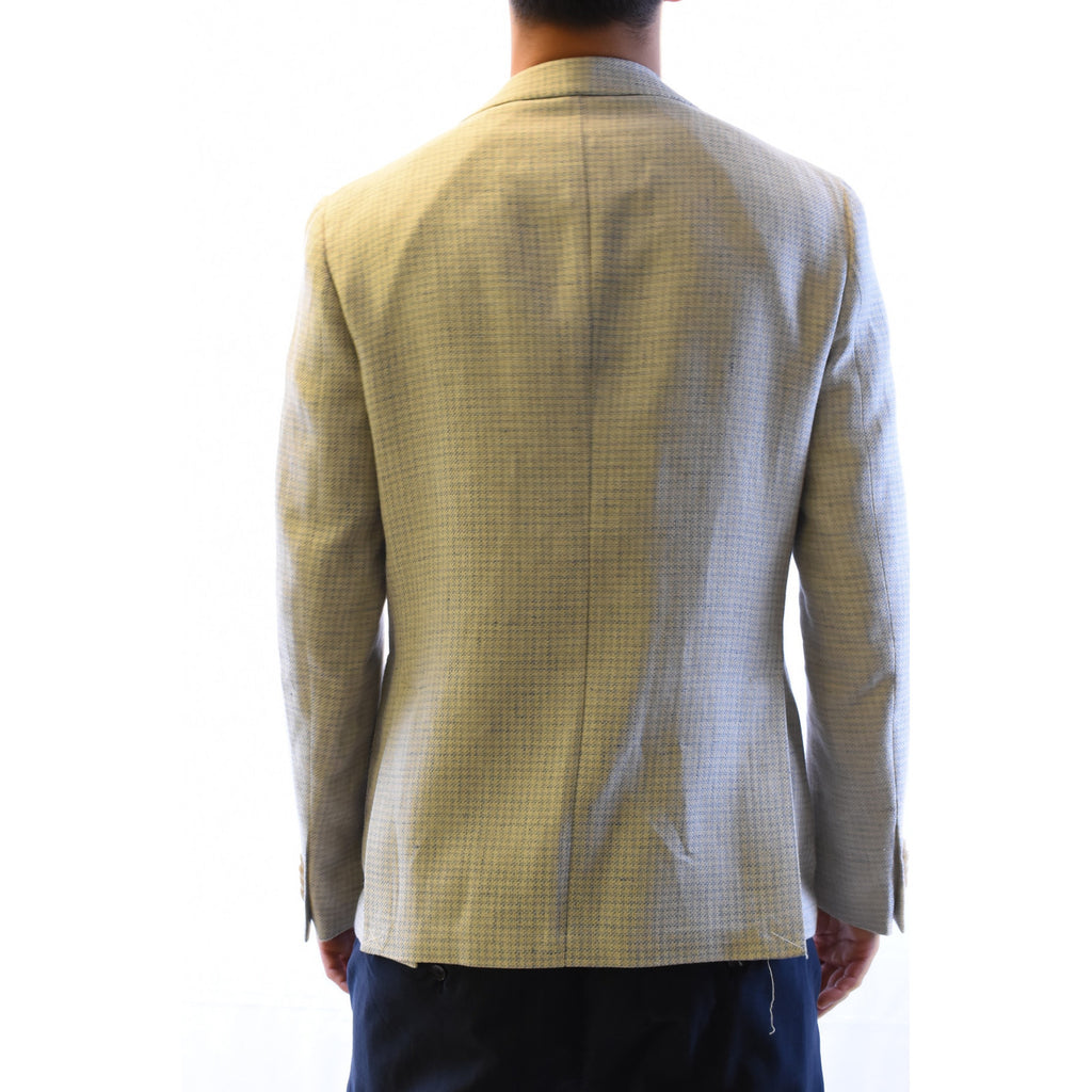 Back view of the light blue checked blazer showcasing tailored fit and seam details on a white background
