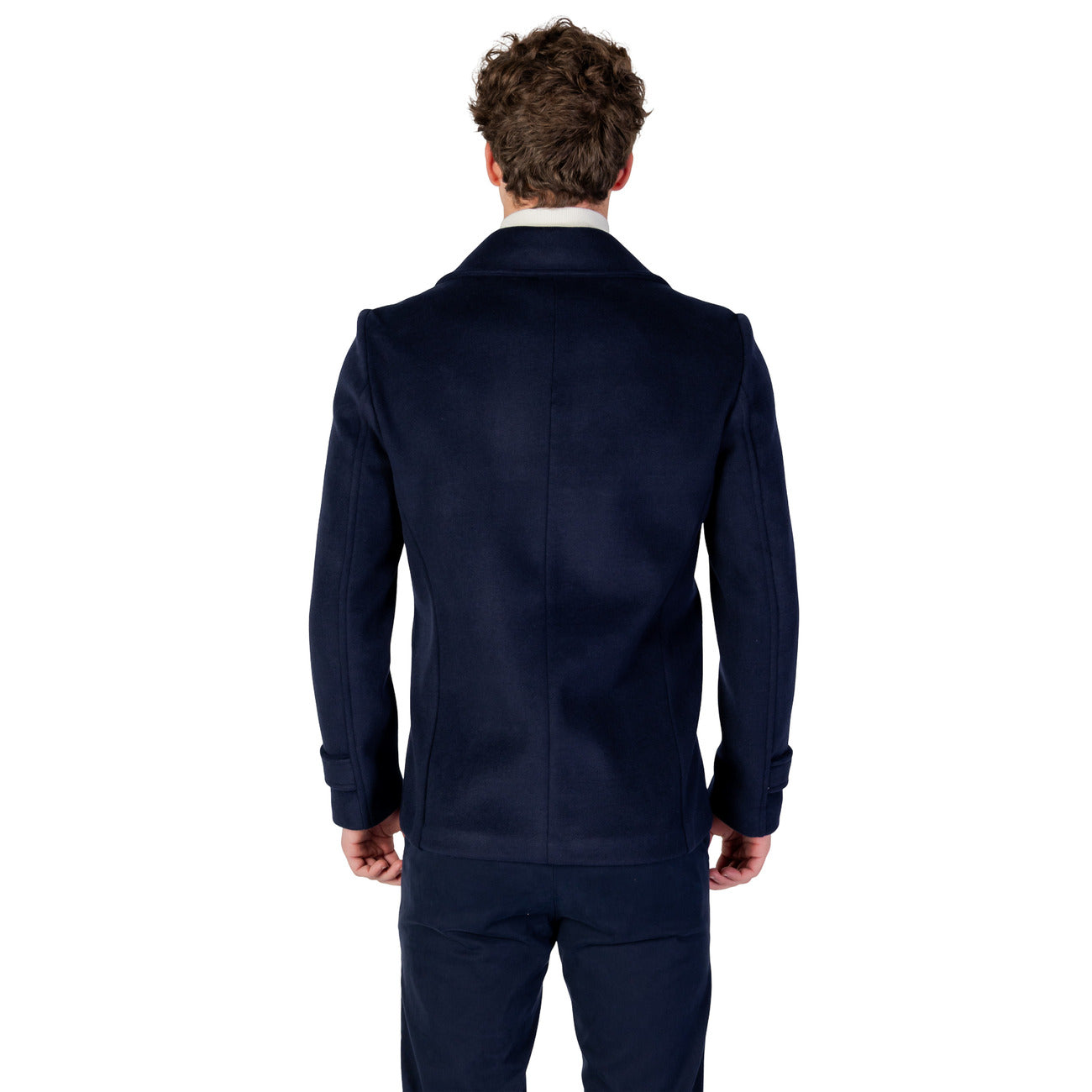 Back view of the navy double-breasted blazer featuring a notched collar on a white background