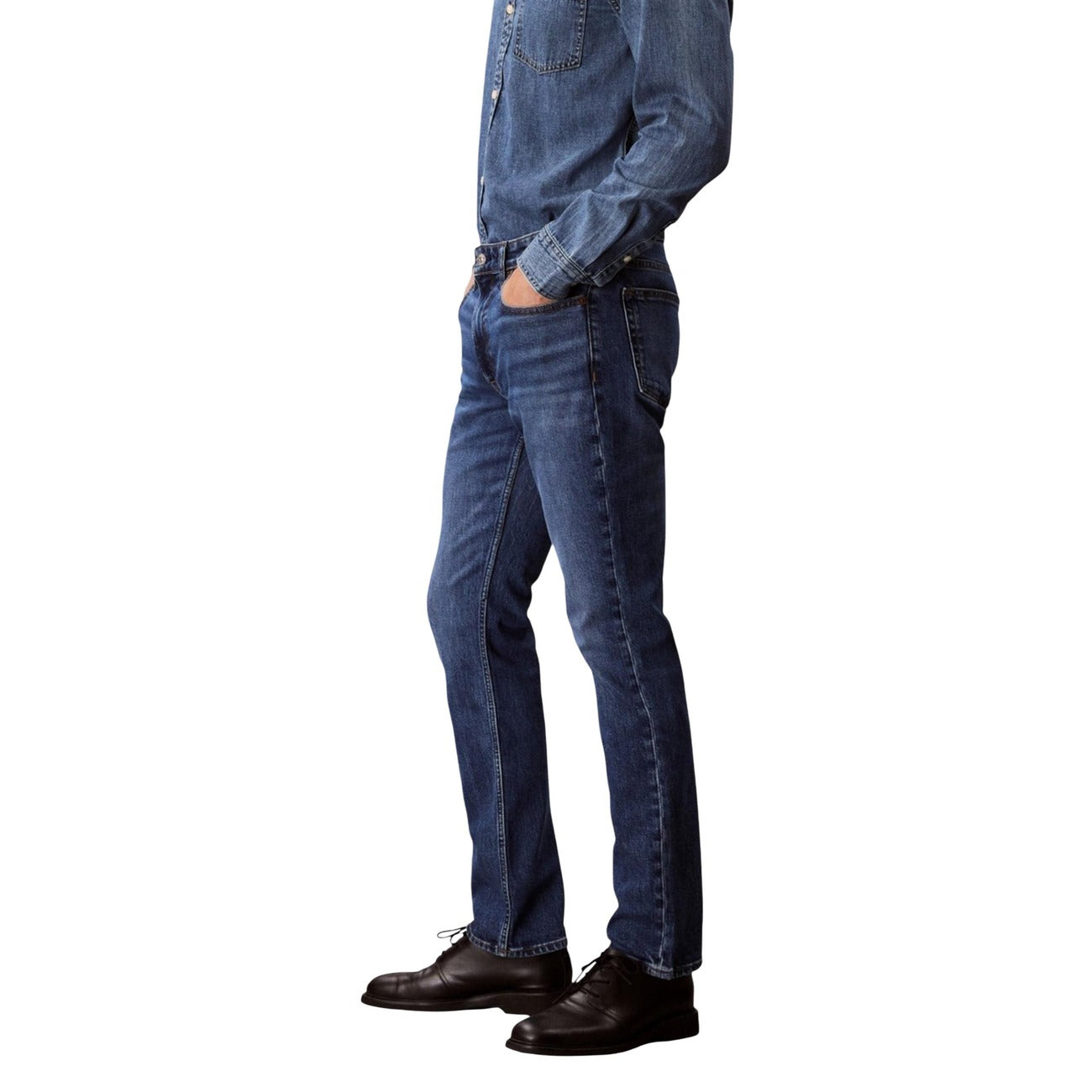 Back view of blue slim fit jeans showcasing five pockets on a white background