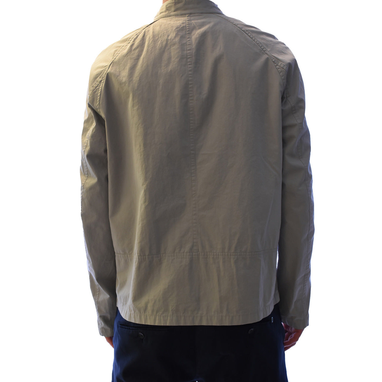 Back view of the light gray blazer showcasing long sleeves and collar details on a white background