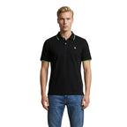 Front view of the black polo shirt with short sleeves and collar against a white background.