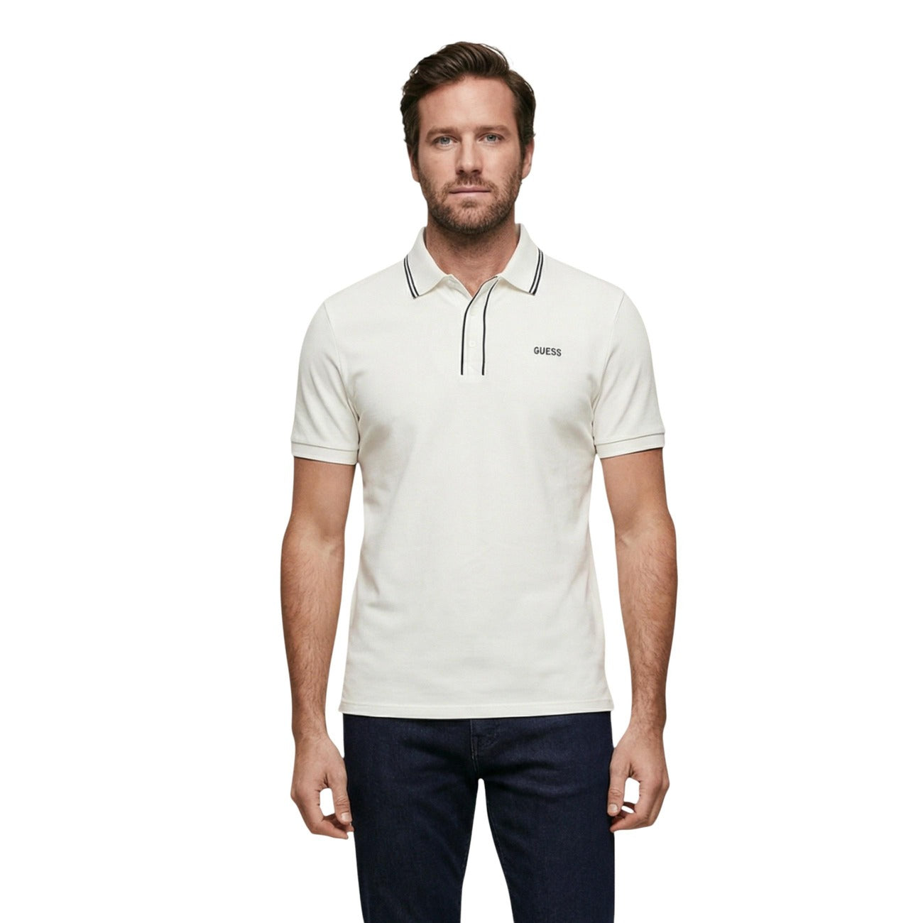 Front view of a man wearing a white collared polo shirt with short sleeves.