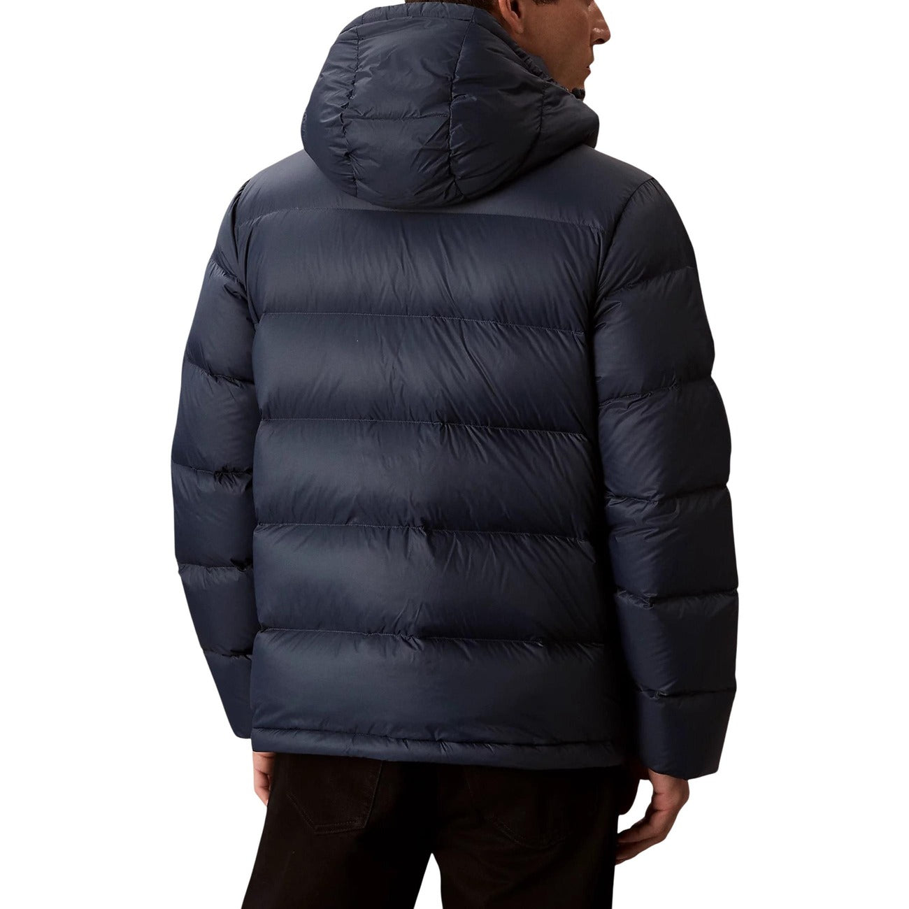 Back view of a navy puffer jacket showcasing the hood on a white background.