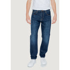Front view of blue jeans featuring a straight fit and five pockets.