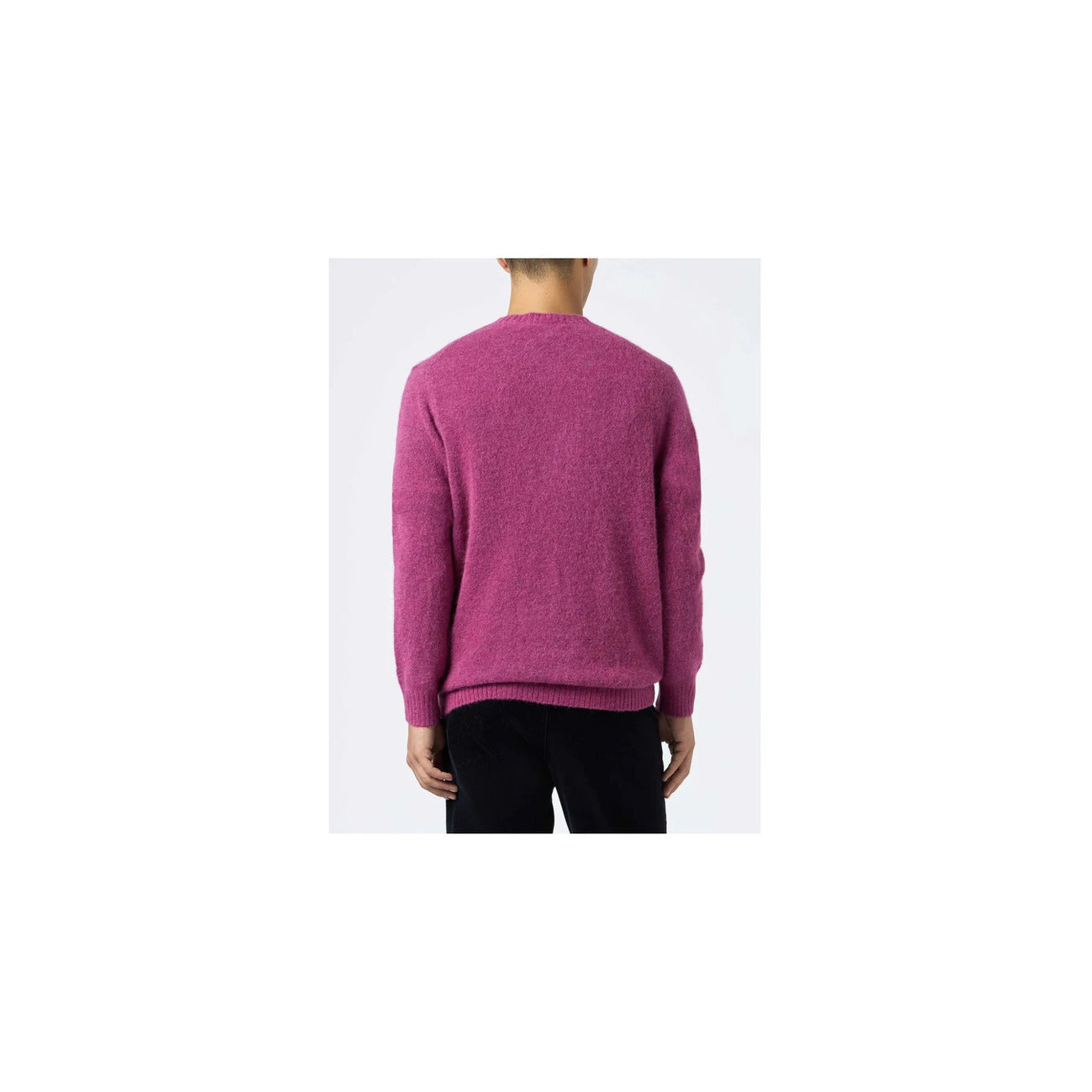 Back view of the fuchsia knitwear featuring long sleeves and crew neck on a white background