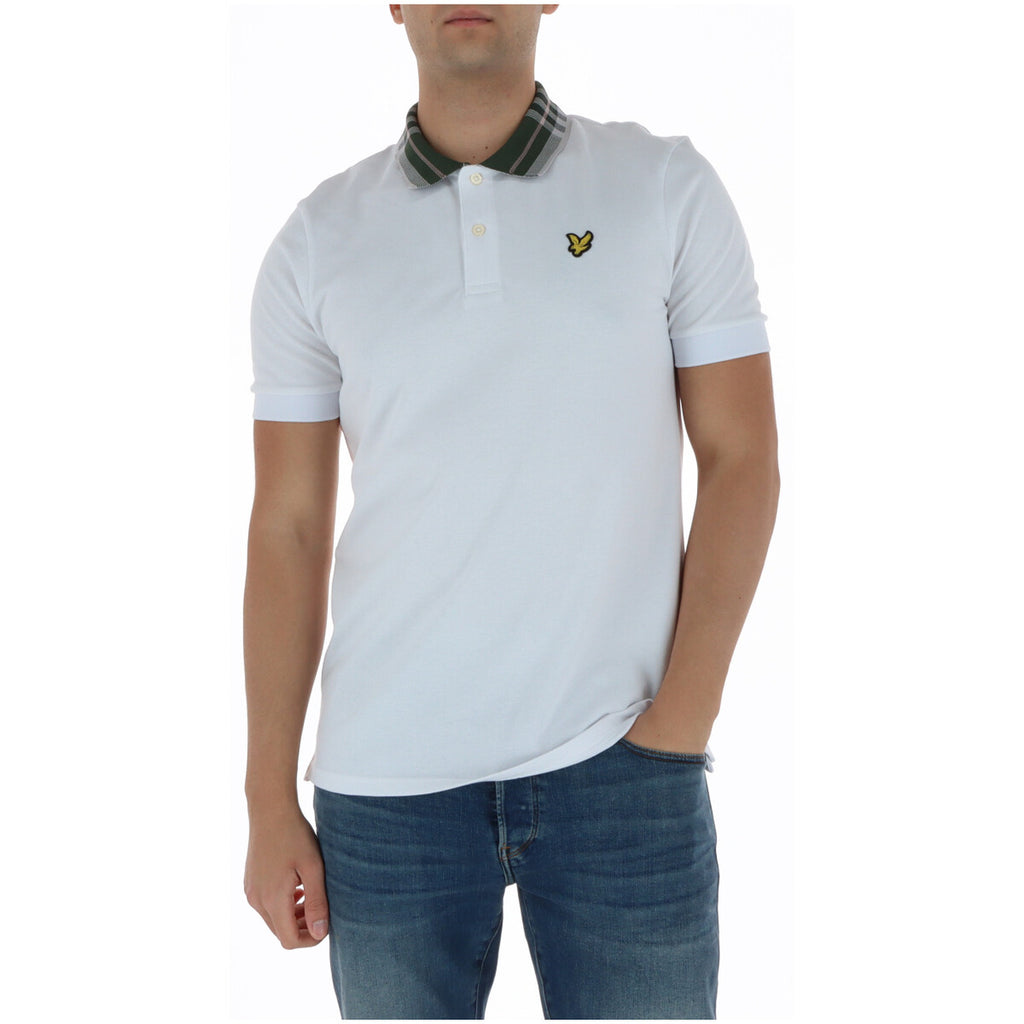 Front view of the white polo shirt featuring a logo on the chest and a collared design.