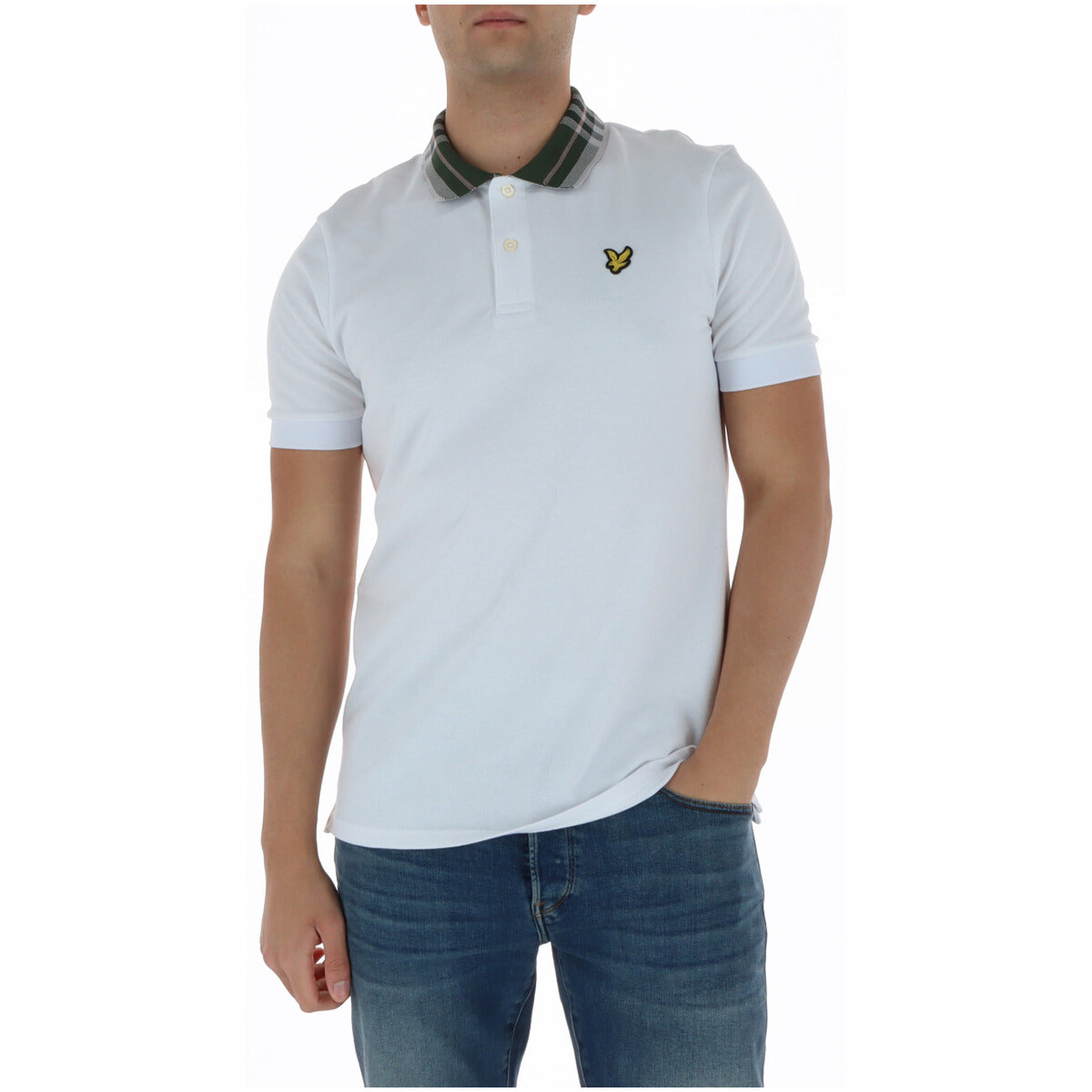 Front view of the white polo shirt featuring a logo on the chest and a collared design.