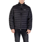 Front view of the black puffer jacket featuring a zipper closure and striped pattern.