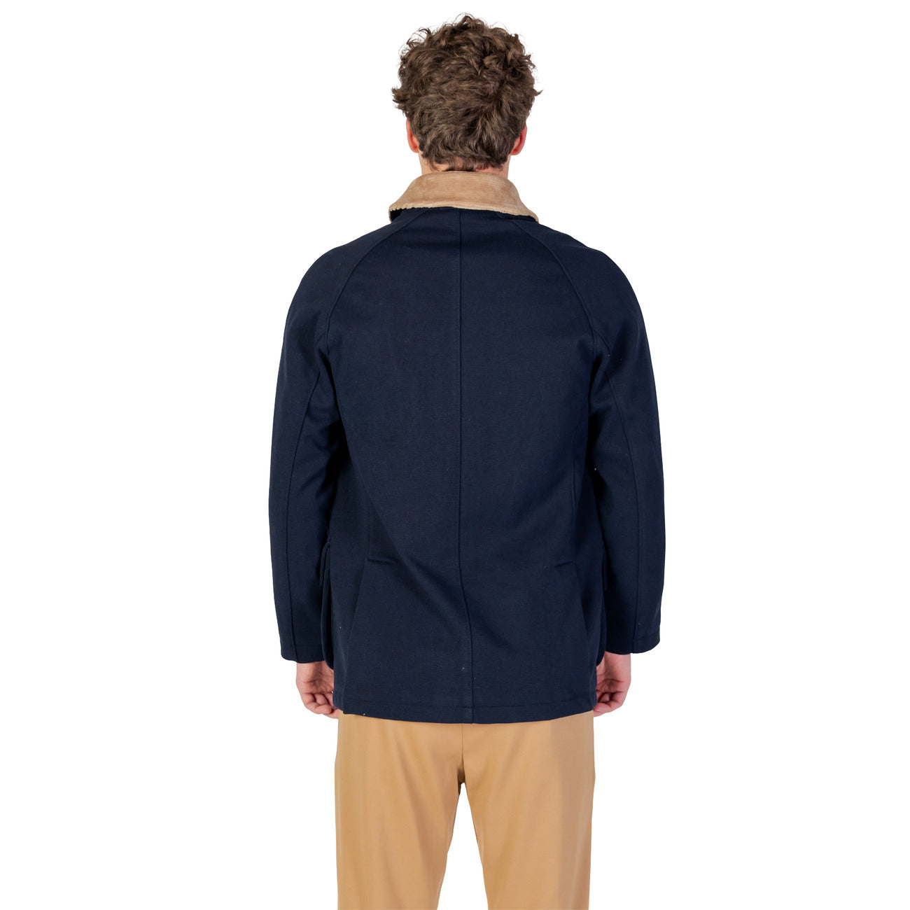 Back view of the navy blazer showing a plain back and collar on a white background