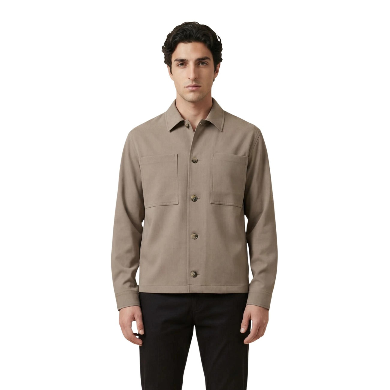 Front view of the brown blazer featuring button closure and long sleeves on a white background