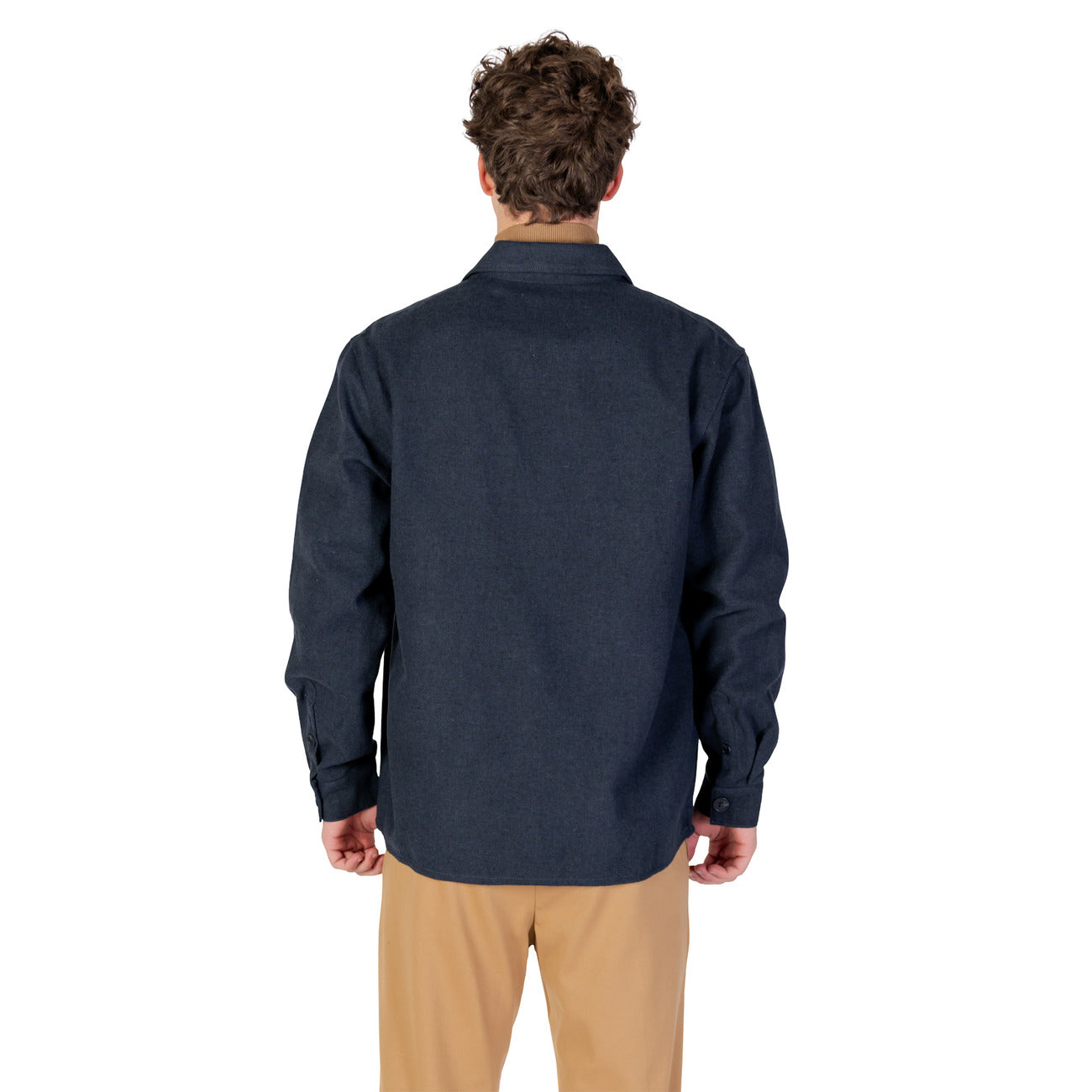 Back view of a navy blazer showcasing a plain back and collared design on a white background.