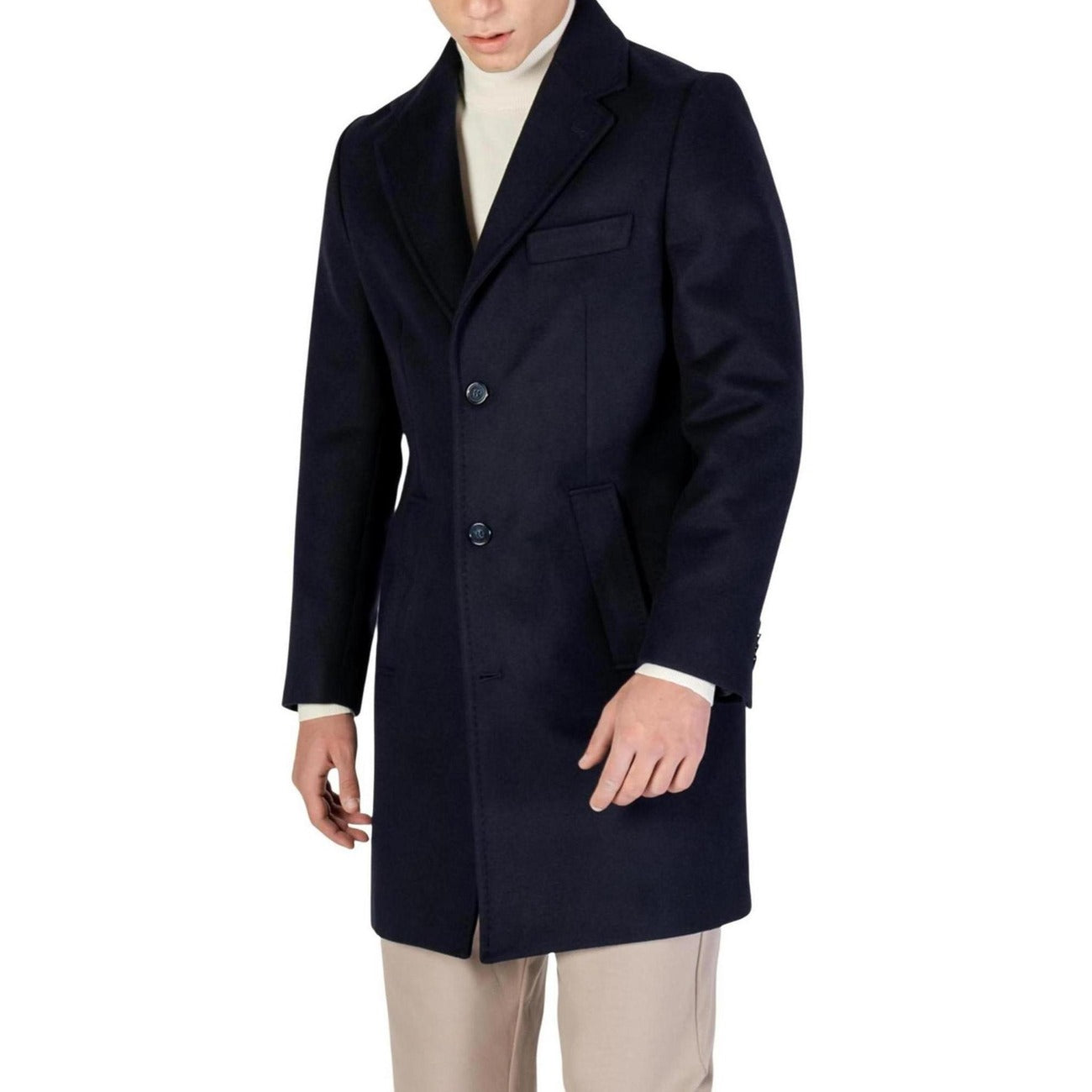 Yos Men Coat V-Neck Blue Polyester Elastane