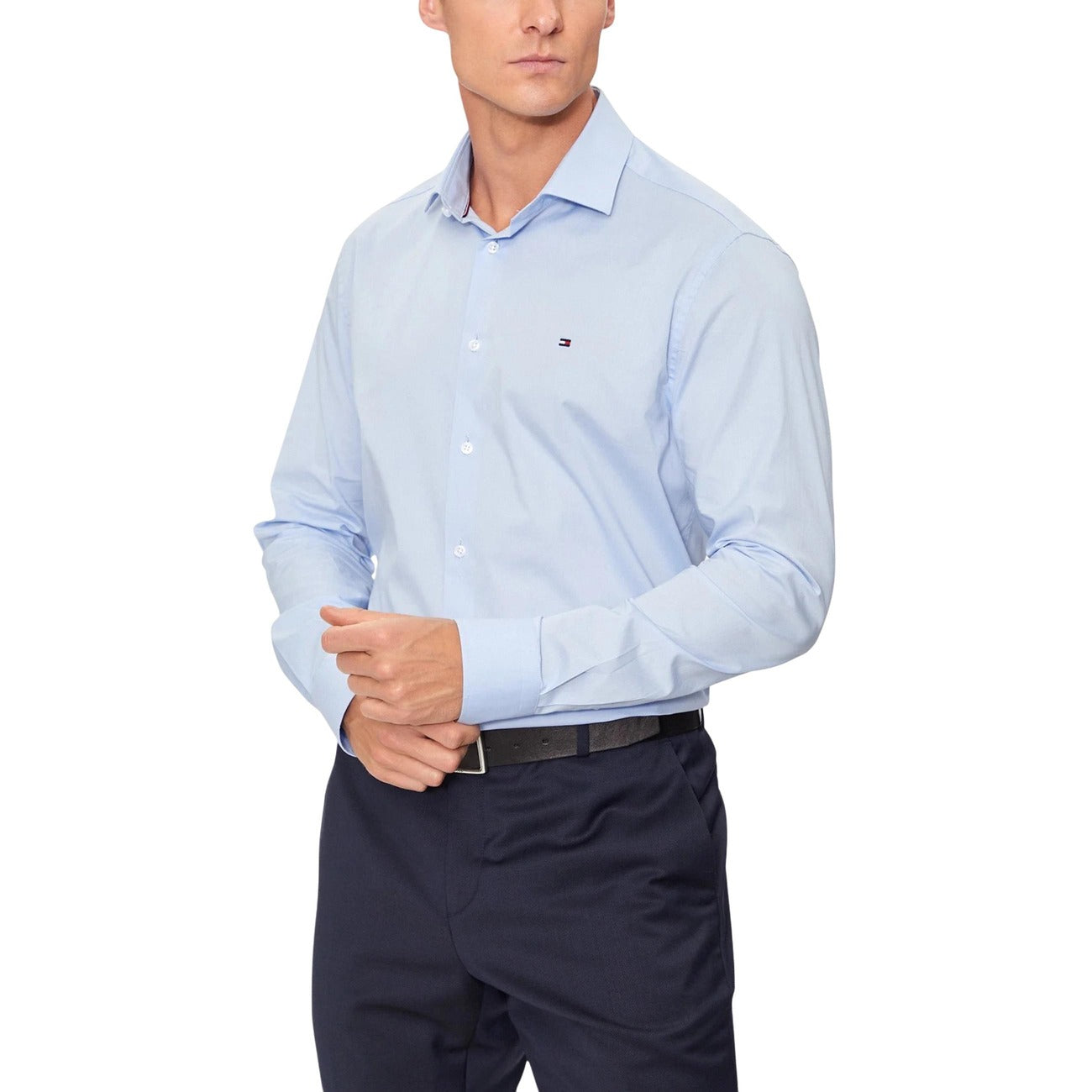 Tommy Hilfiger Men Shirt Organic Cotton Light Blue – front view, classic collar, long sleeves
