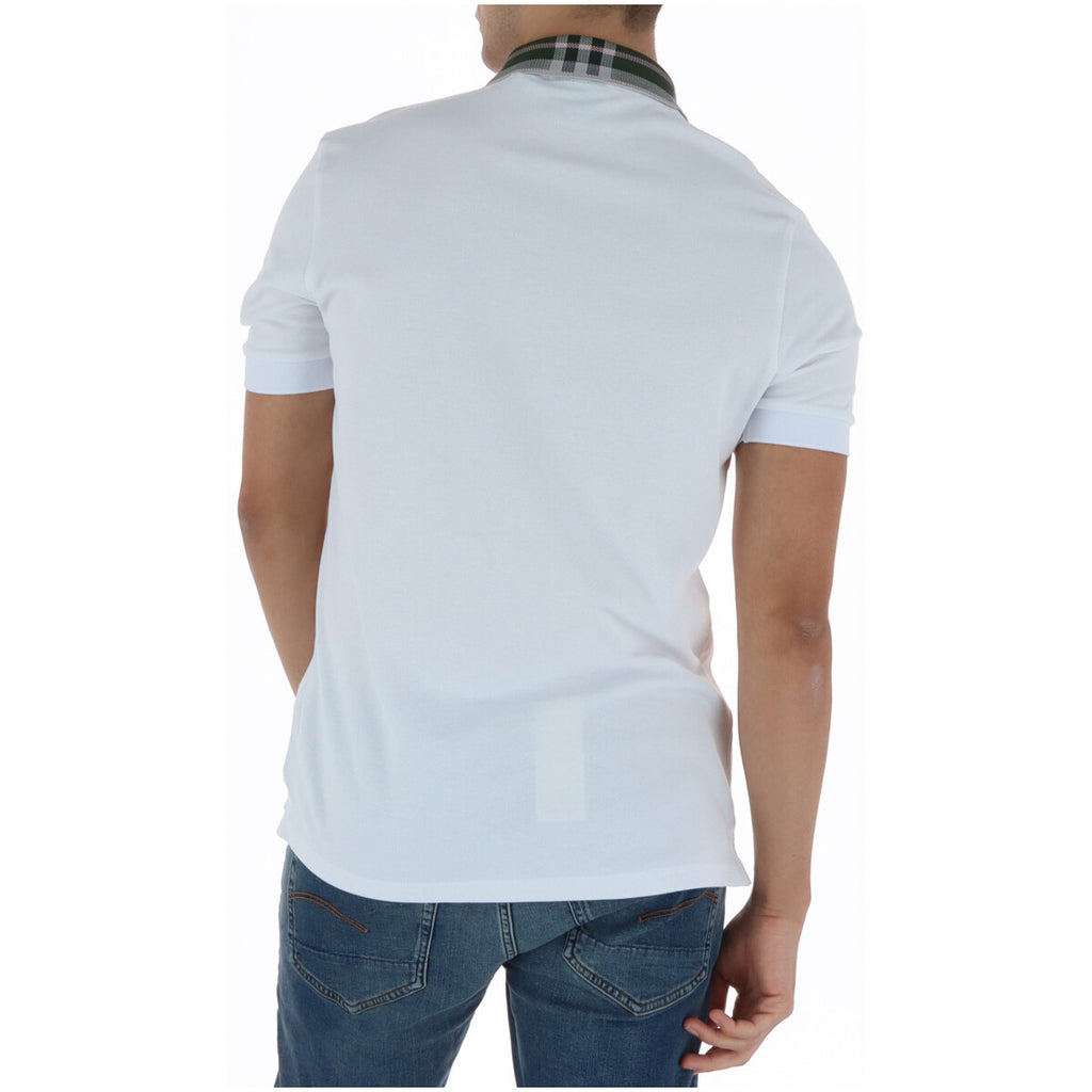 Back view of the white polo shirt with a plain back and collared neckline.