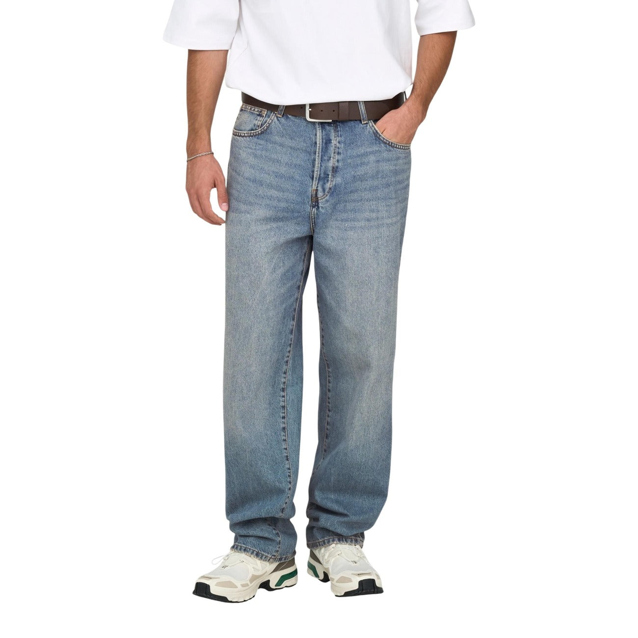 Front view of the blue jeans featuring a straight leg and belt loops on a white background