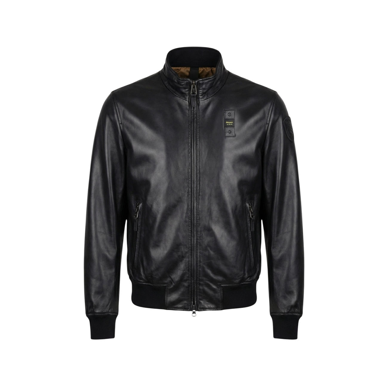 Front view of the black leather blazer featuring a zipper closure and smooth texture.