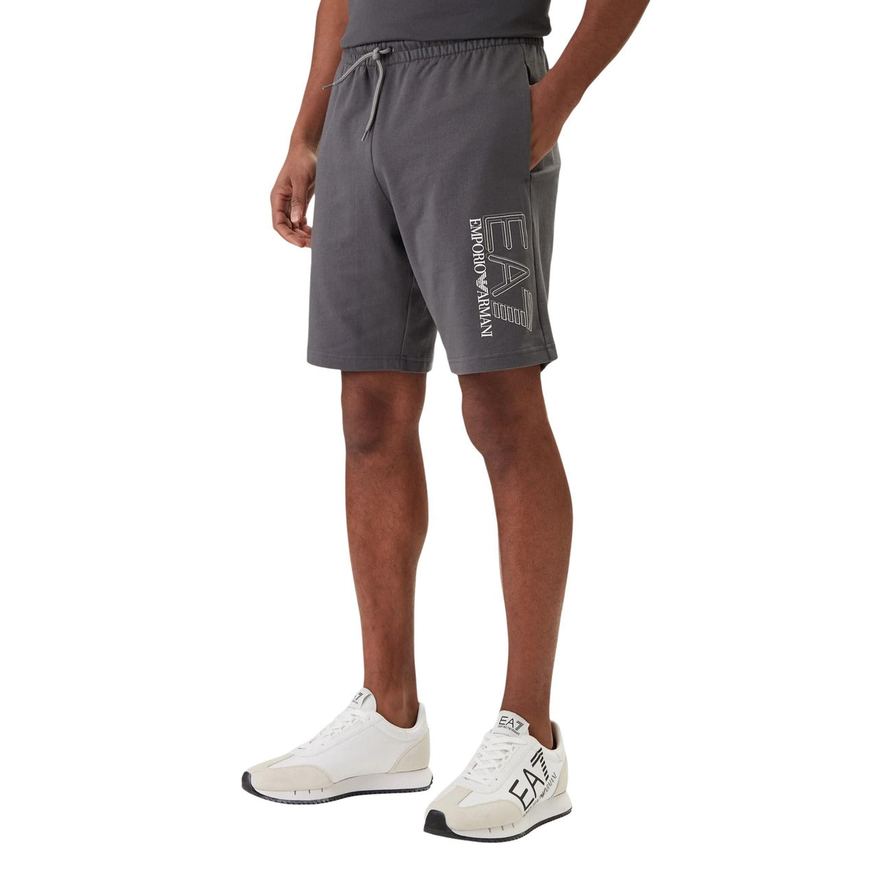 Ea7 Men's Printed 100% Cotton Shorts Grey – front view, print pattern, laces, front pockets