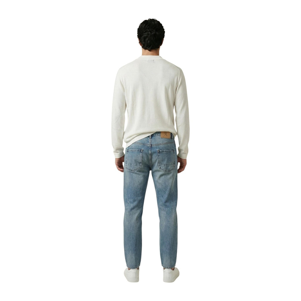 Back view of a man wearing a white cardigan with long sleeves on a white background.